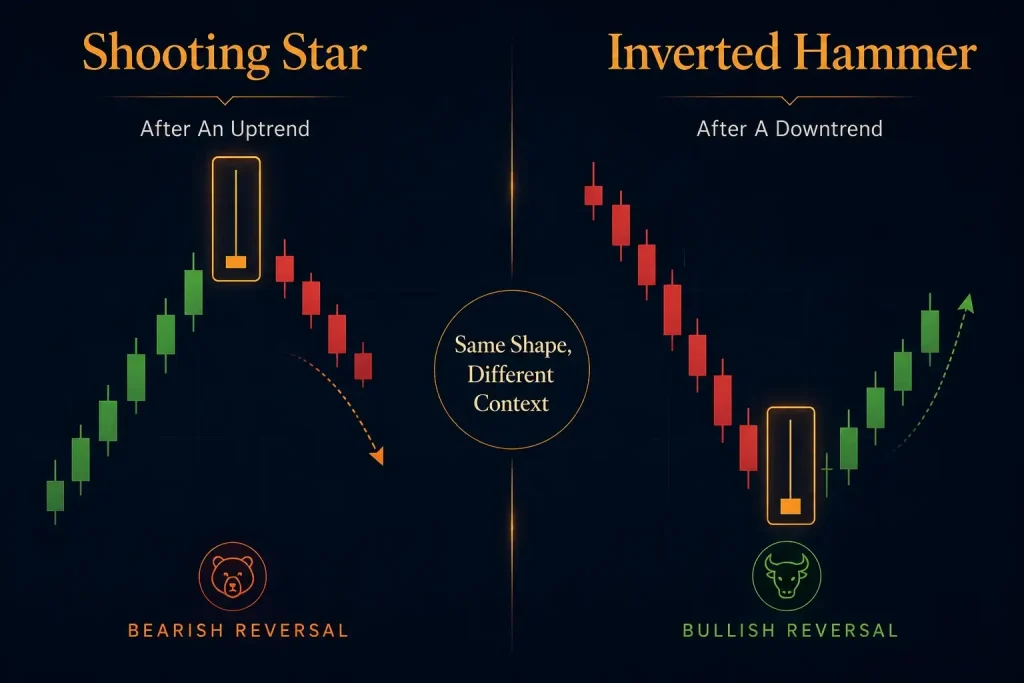 Comparison of shooting star and inverted hammer candlesticks showing the same shape in different trend contexts Vantage Markets