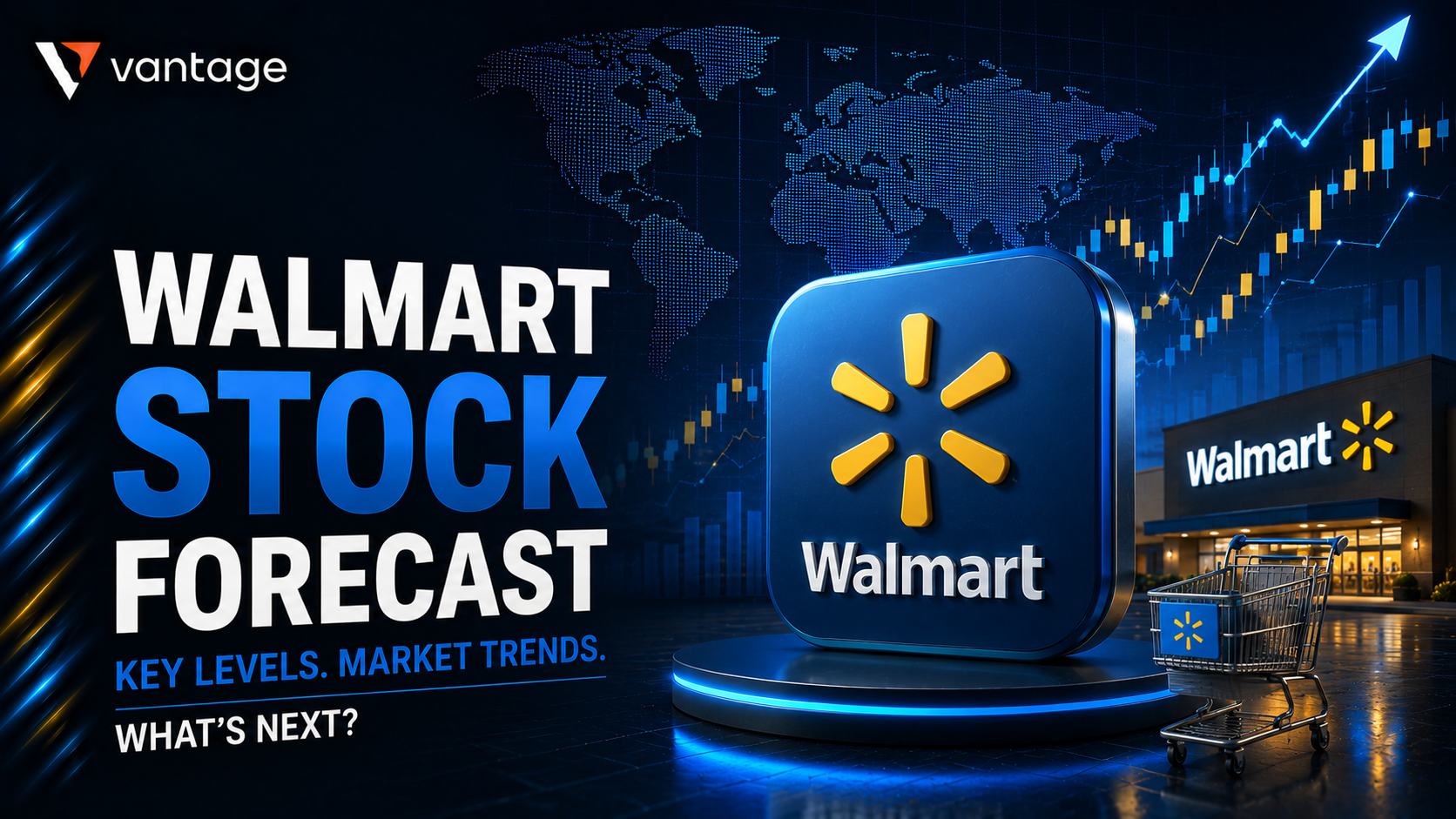 Walmart WMT stock forecast graphic with market chart and storefront